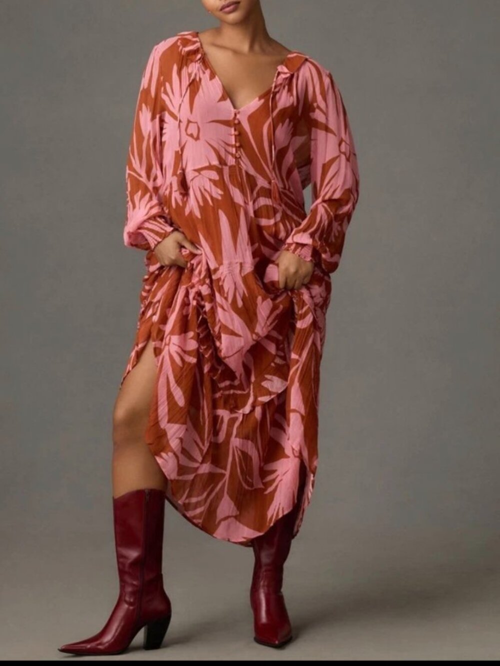 Anthropologie Marais Printed Chiffon Maxi Dress XL Pink Orange Boho Tiered Flow